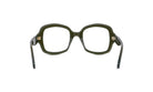 A pair of dark green-framed glasses with a sleek, modern design.