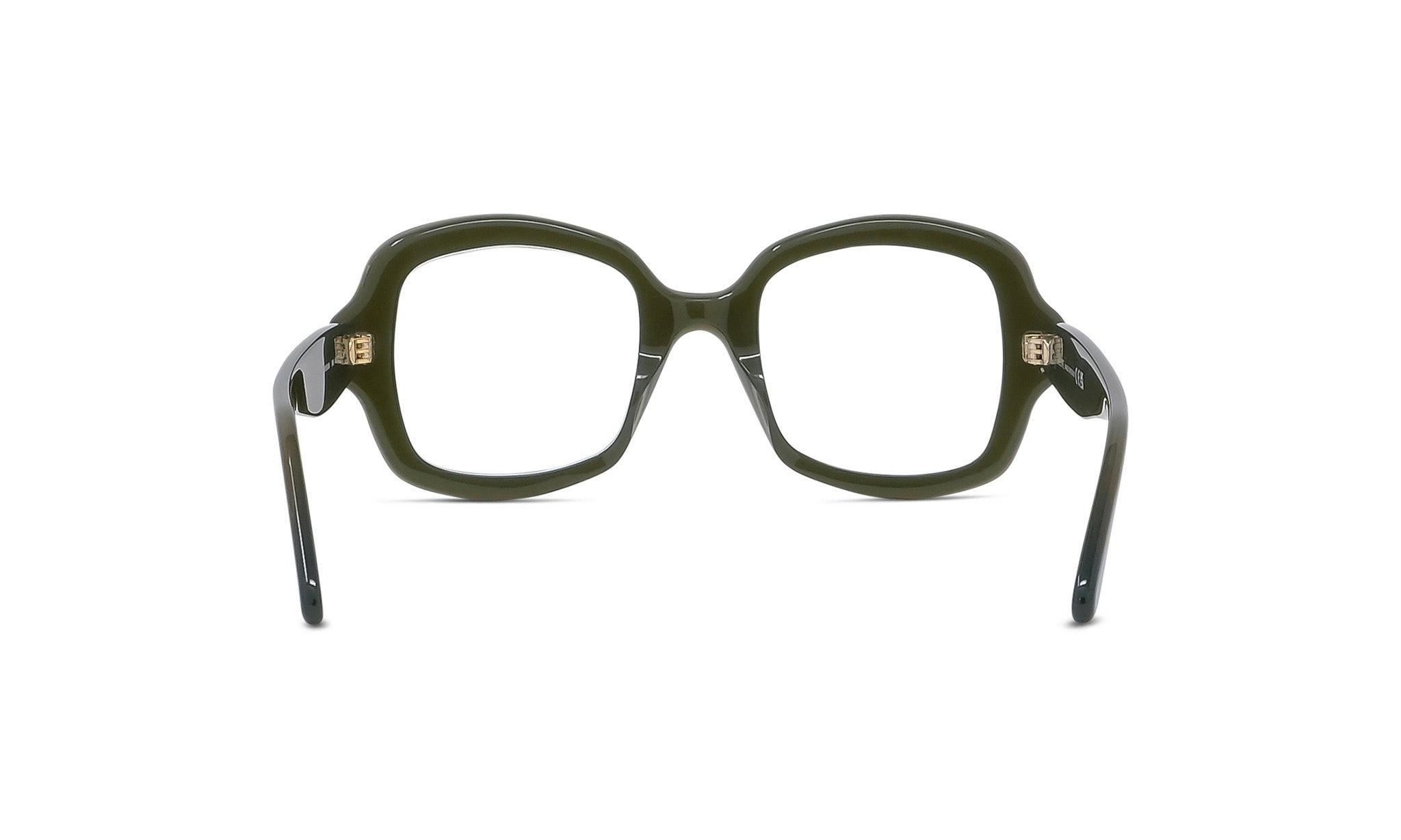A pair of dark green-framed glasses with a sleek, modern design.