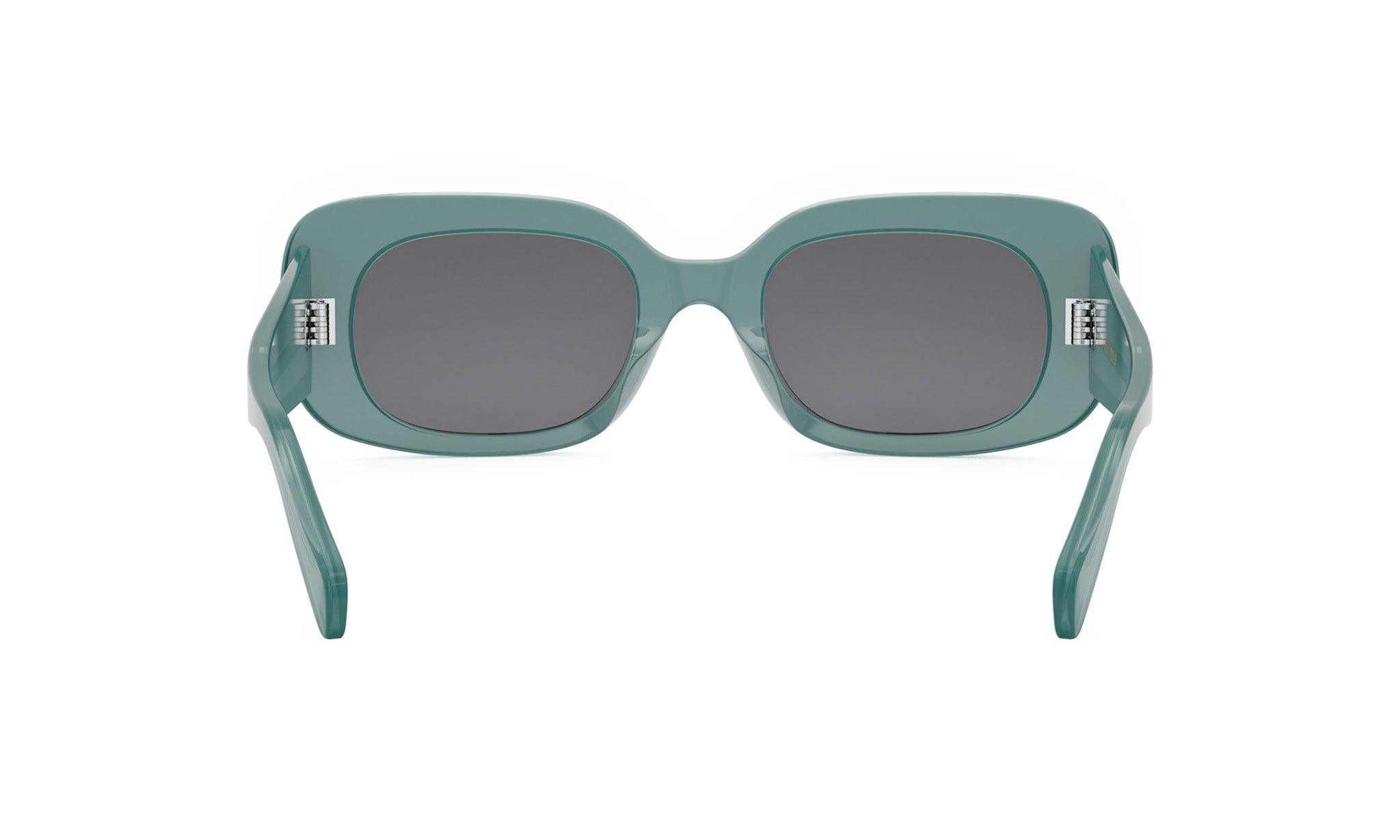 A pair of green-framed sunglasses with dark lenses.
