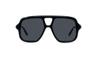 A pair of black sunglasses with dark lenses.
