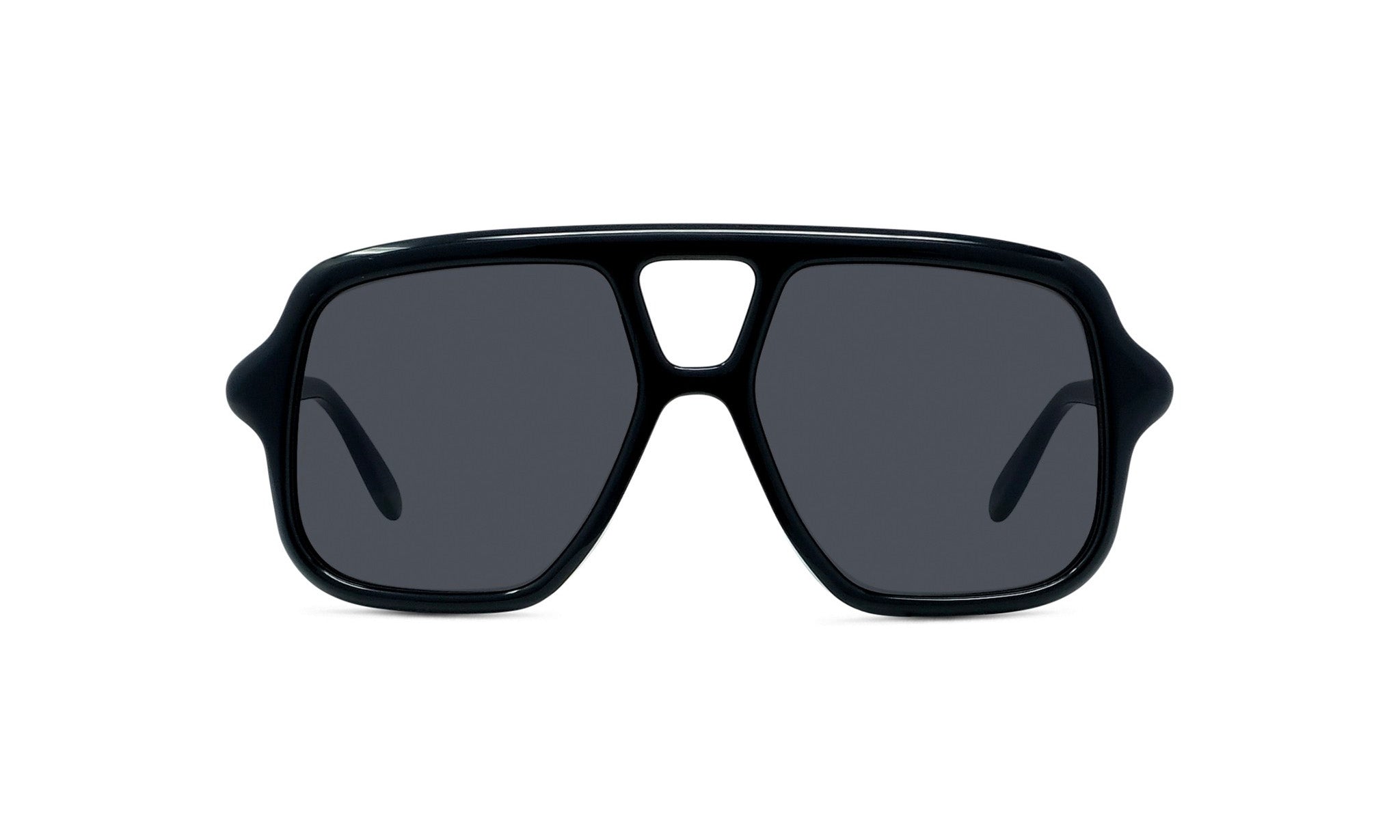 A pair of black sunglasses with dark lenses.