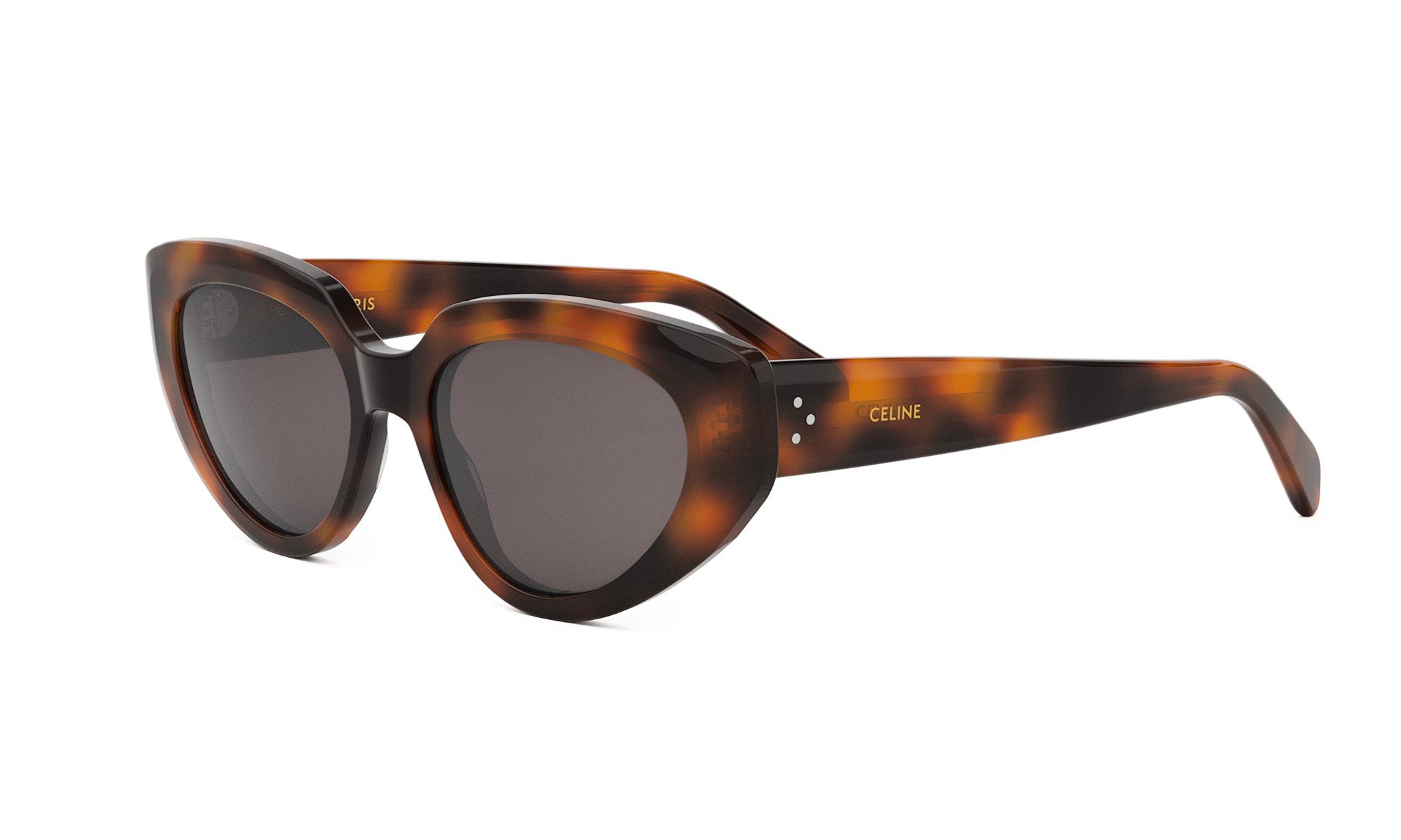 A pair of brown cat-eye sunglasses with the Celine logo on the frame.