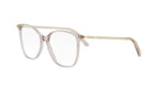 A pair of clear eyeglasses with a gold frame.
