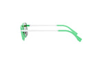 A pair of green-framed sunglasses with white arms and a white frame.