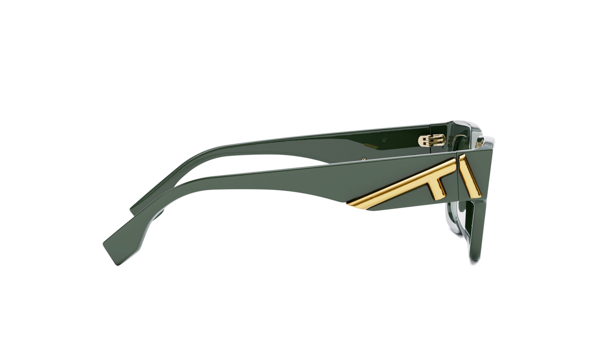 A pair of green-framed sunglasses with a gold-colored logo on the side.