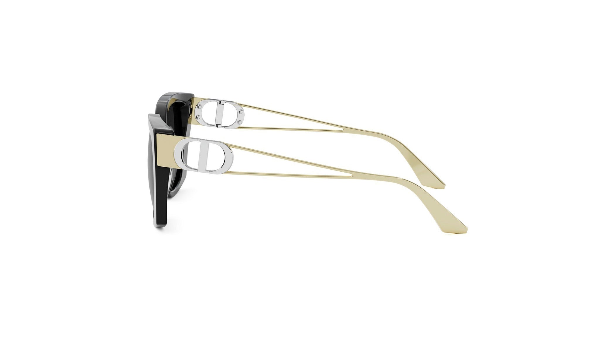 A pair of stylish sunglasses with gold-colored arms and black frames.