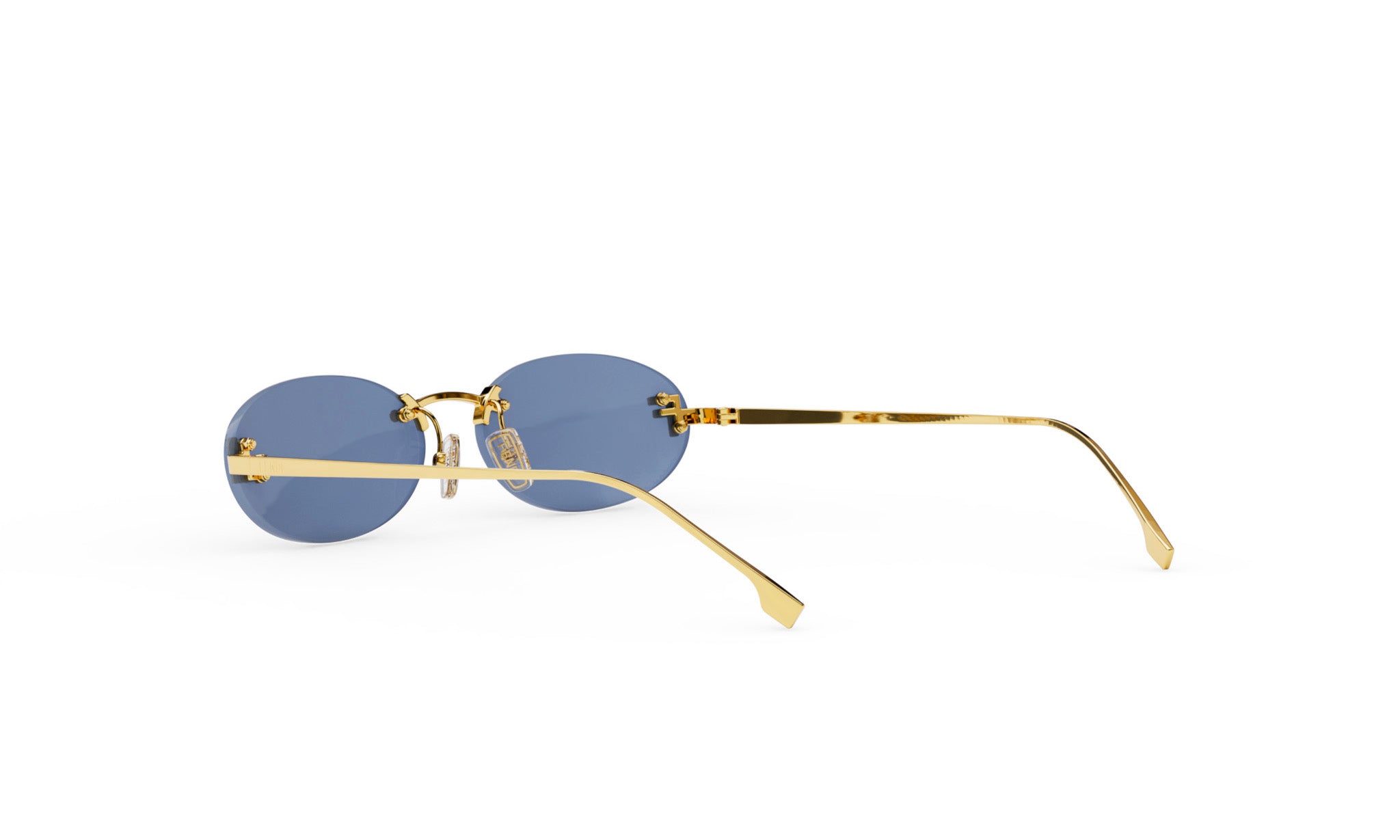 A pair of gold-framed sunglasses with blue lenses is shown against a white background.