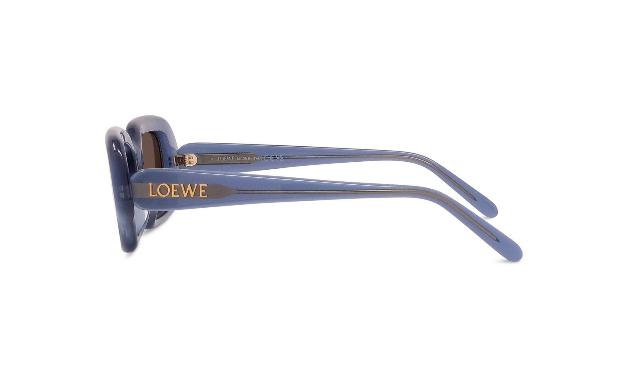 A pair of blue sunglasses with the LOEWE brand name visible on the frame.