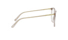 A pair of clear eyeglasses with gold-colored metal arms.