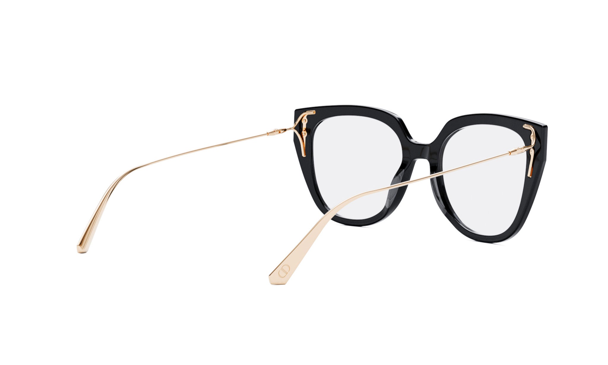A pair of black cat-eye framed glasses with gold accents, positioned on a white background.