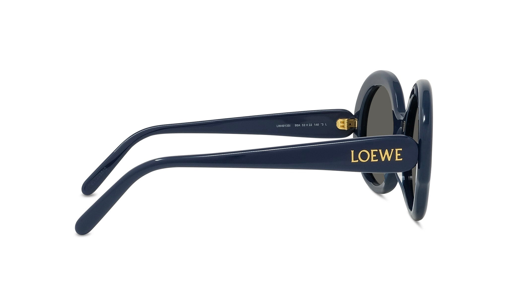 A pair of navy blue round sunglasses with gold text on the frame.