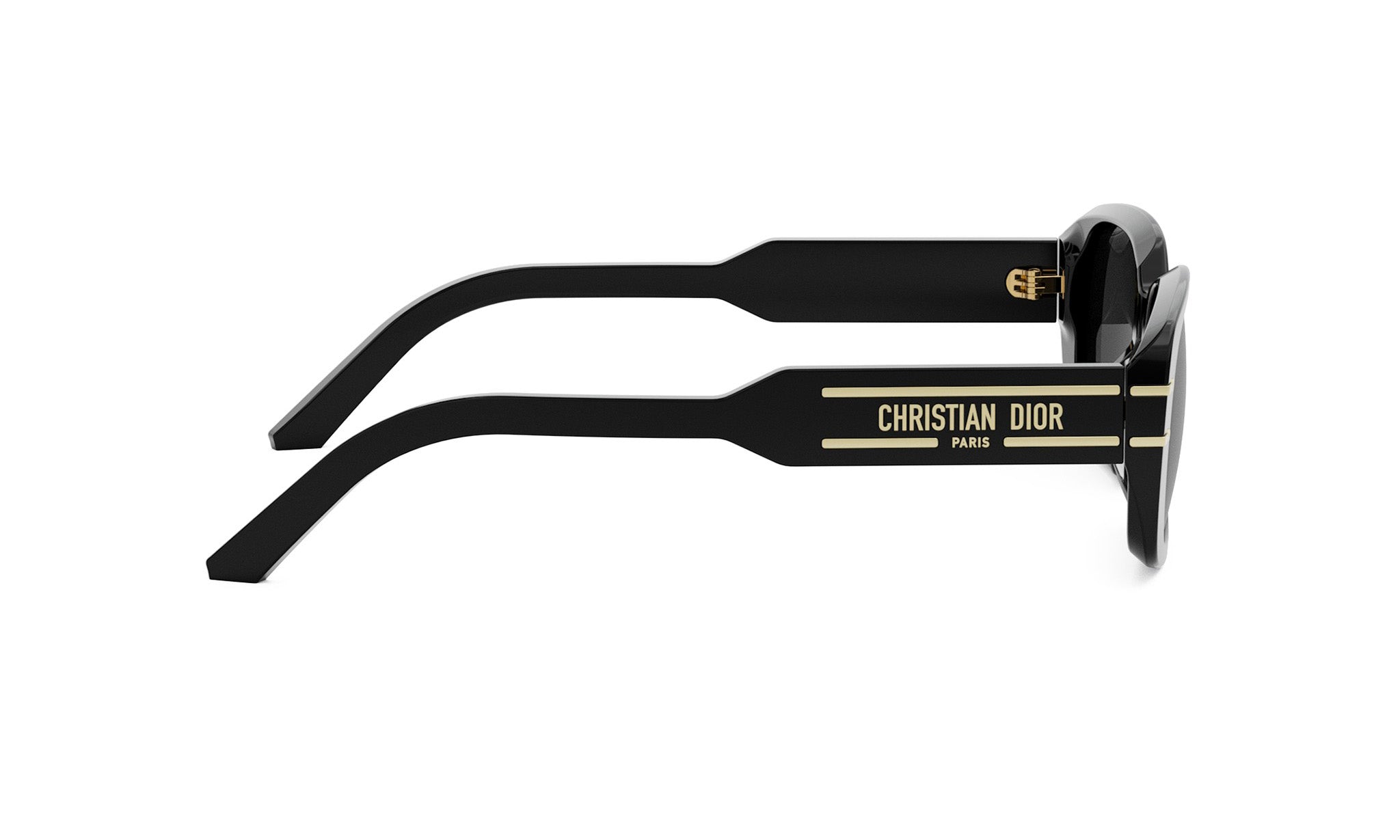 A pair of black Christian Dior sunglasses with gold accents.
