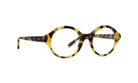 A pair of tortoiseshell-framed glasses with a round, oval shape and a dark brown color.