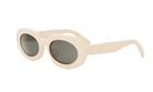 A pair of white, oval-shaped sunglasses with dark lenses.