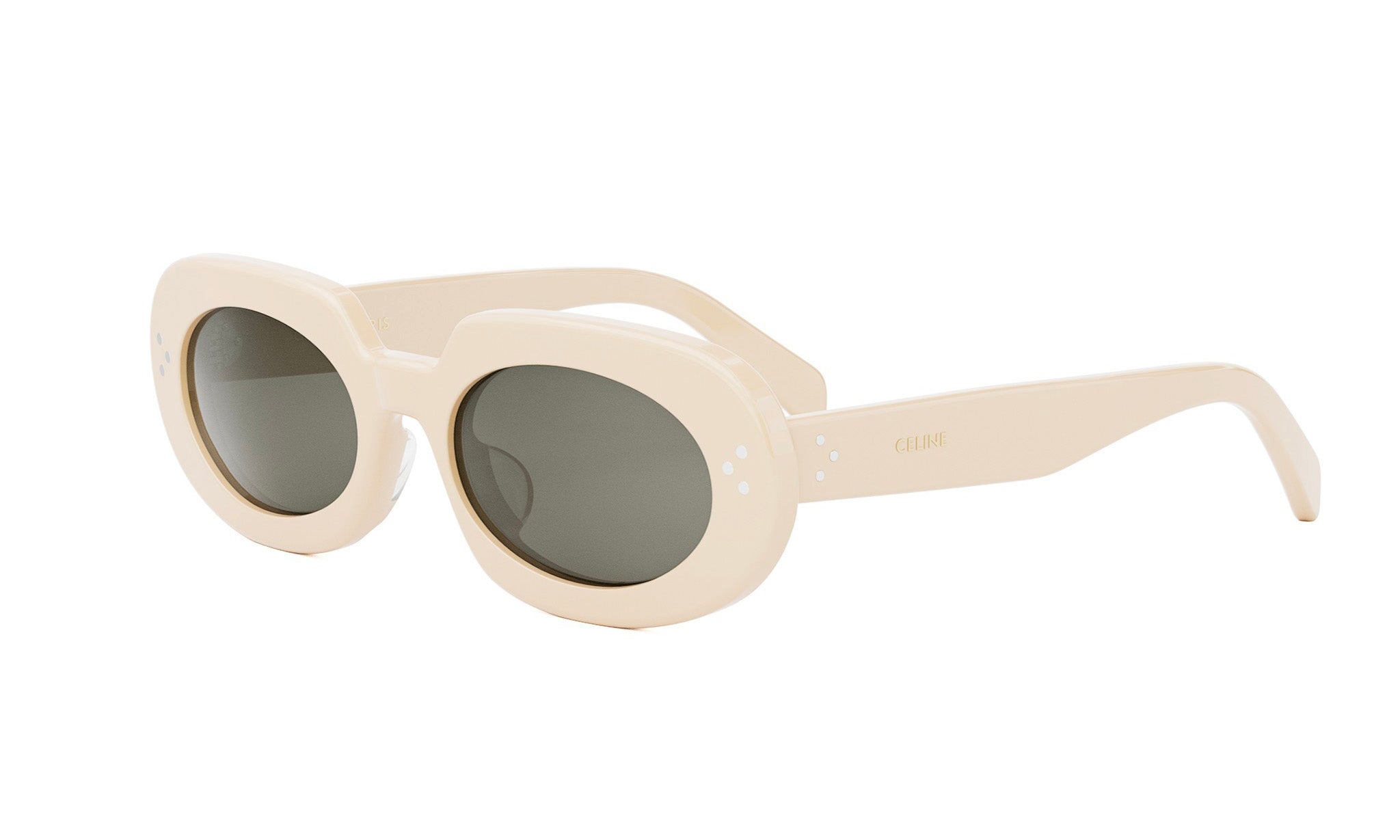 A pair of white, oval-shaped sunglasses with dark lenses.