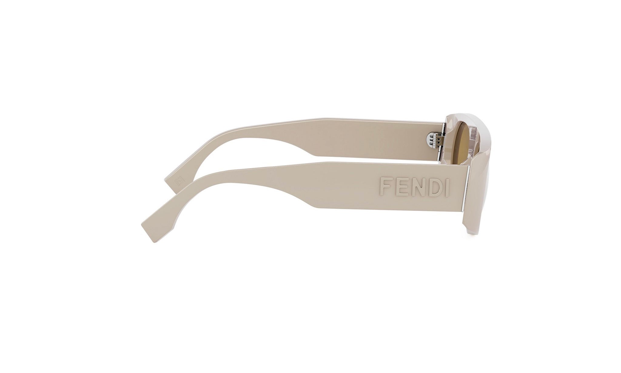 A pair of tan-colored Fendi sunglasses with the brand name visible on the frame.