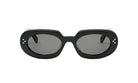 A pair of black oval-shaped sunglasses with dark lenses.