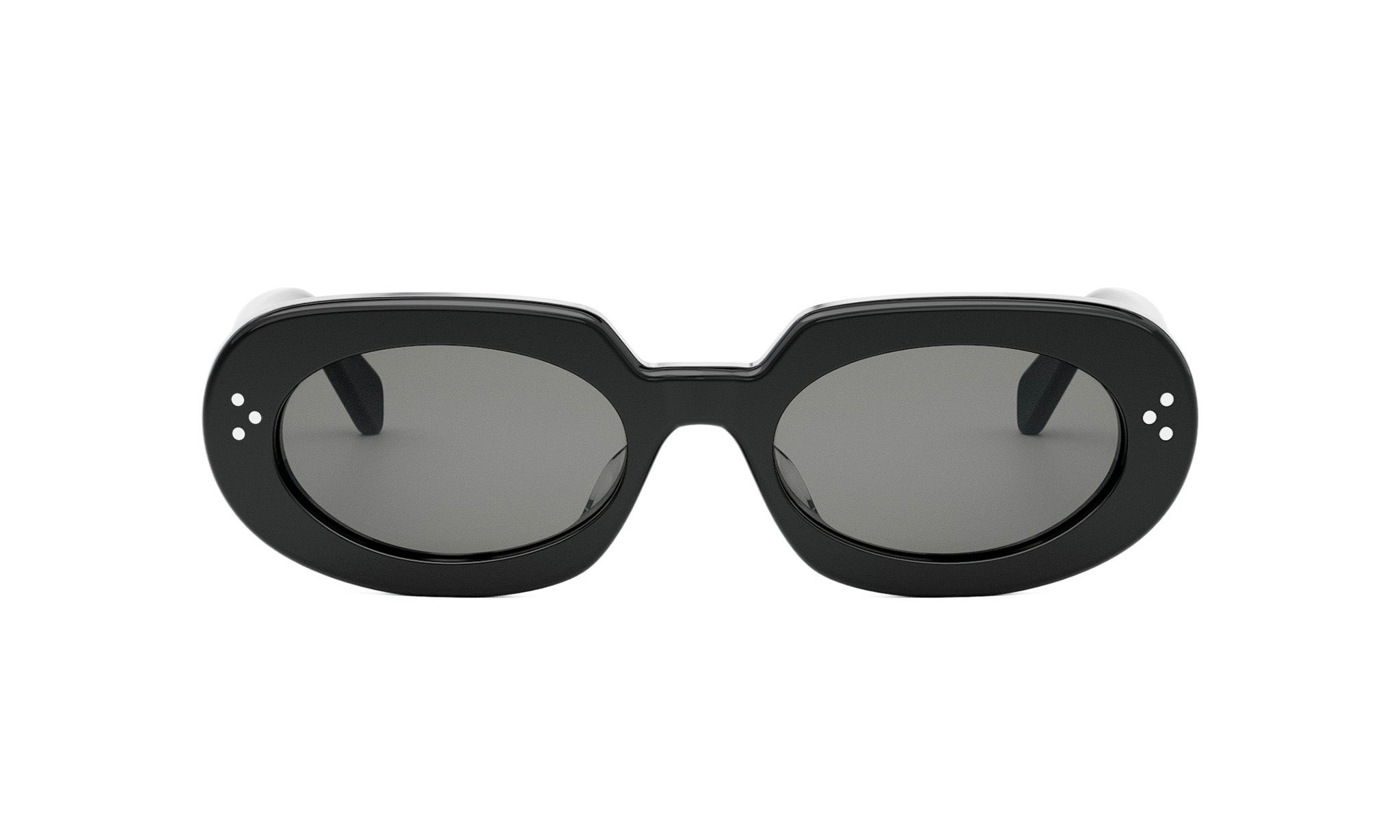 A pair of black oval-shaped sunglasses with dark lenses.