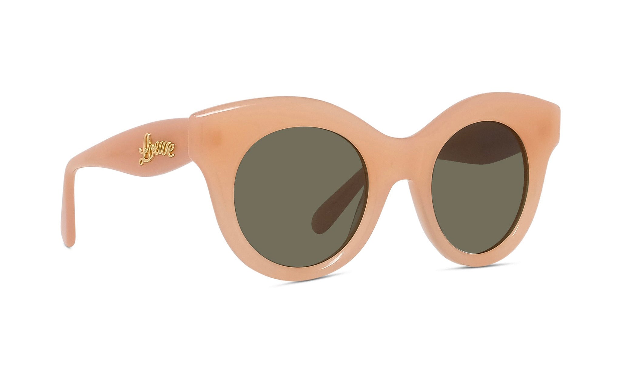 A pair of peach-colored sunglasses with dark green lenses.