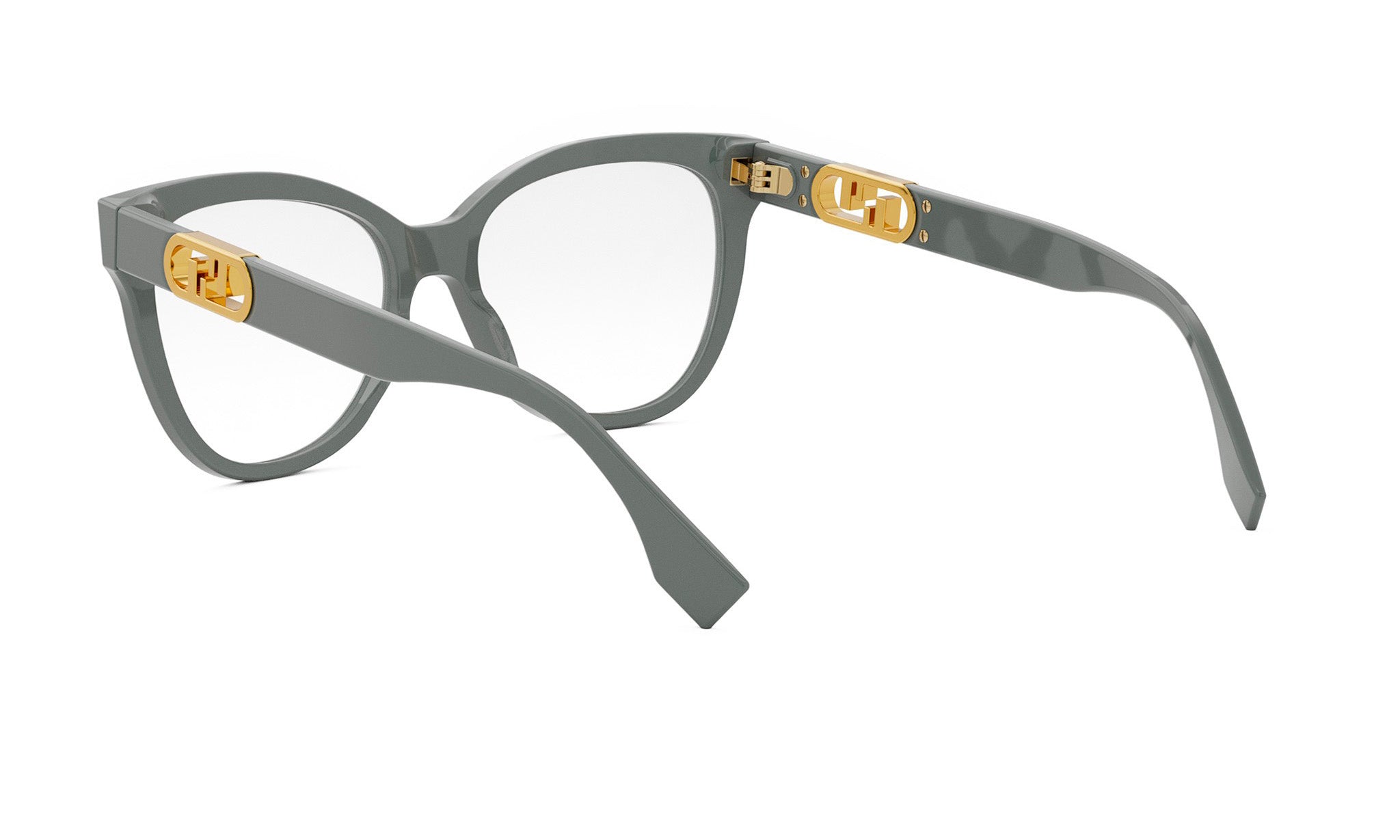 A pair of stylish, gray-framed glasses with gold accents, including a logo on the temples.