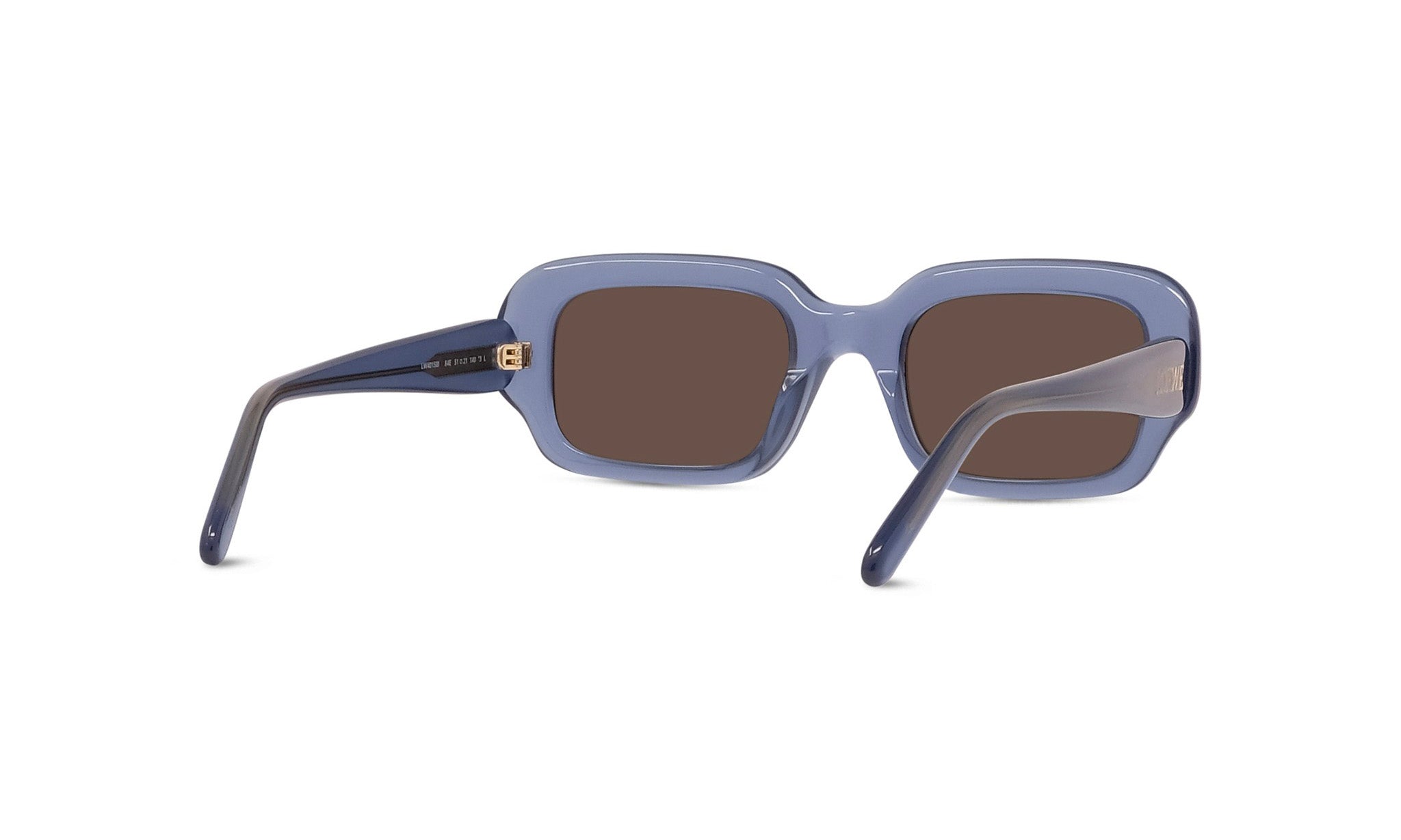 A pair of blue-tinted sunglasses with dark brown lenses.