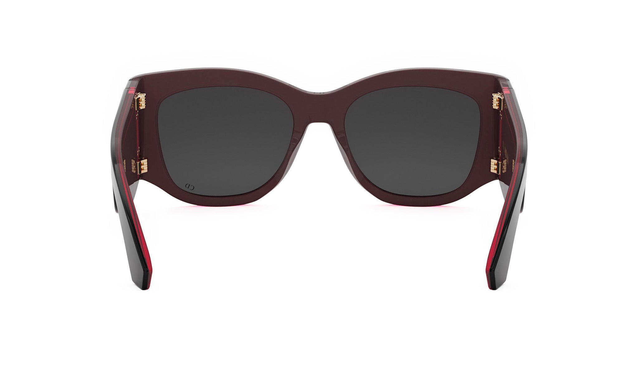 A pair of dark-colored sunglasses with a red frame.