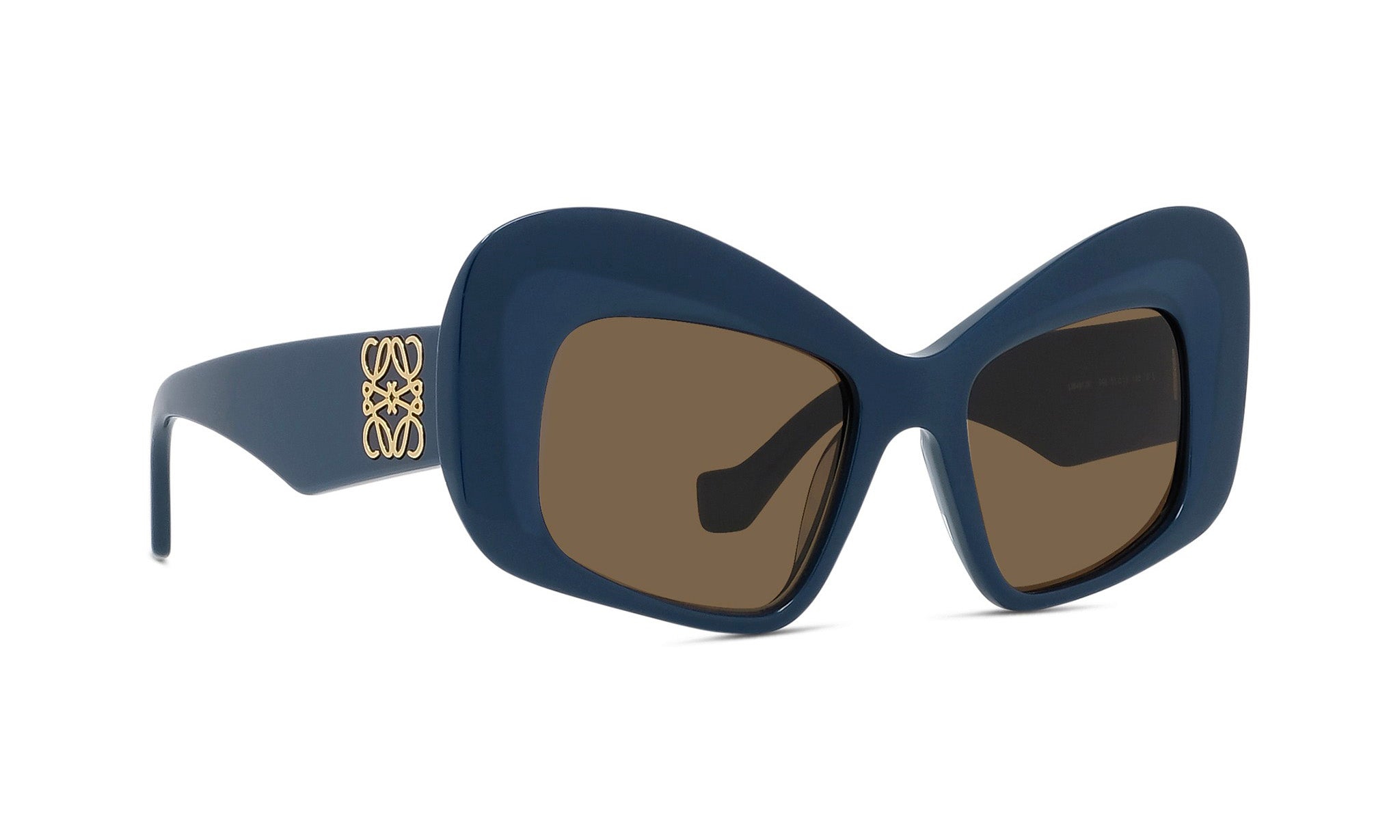 A pair of stylish blue sunglasses with a distinctive, angular frame.