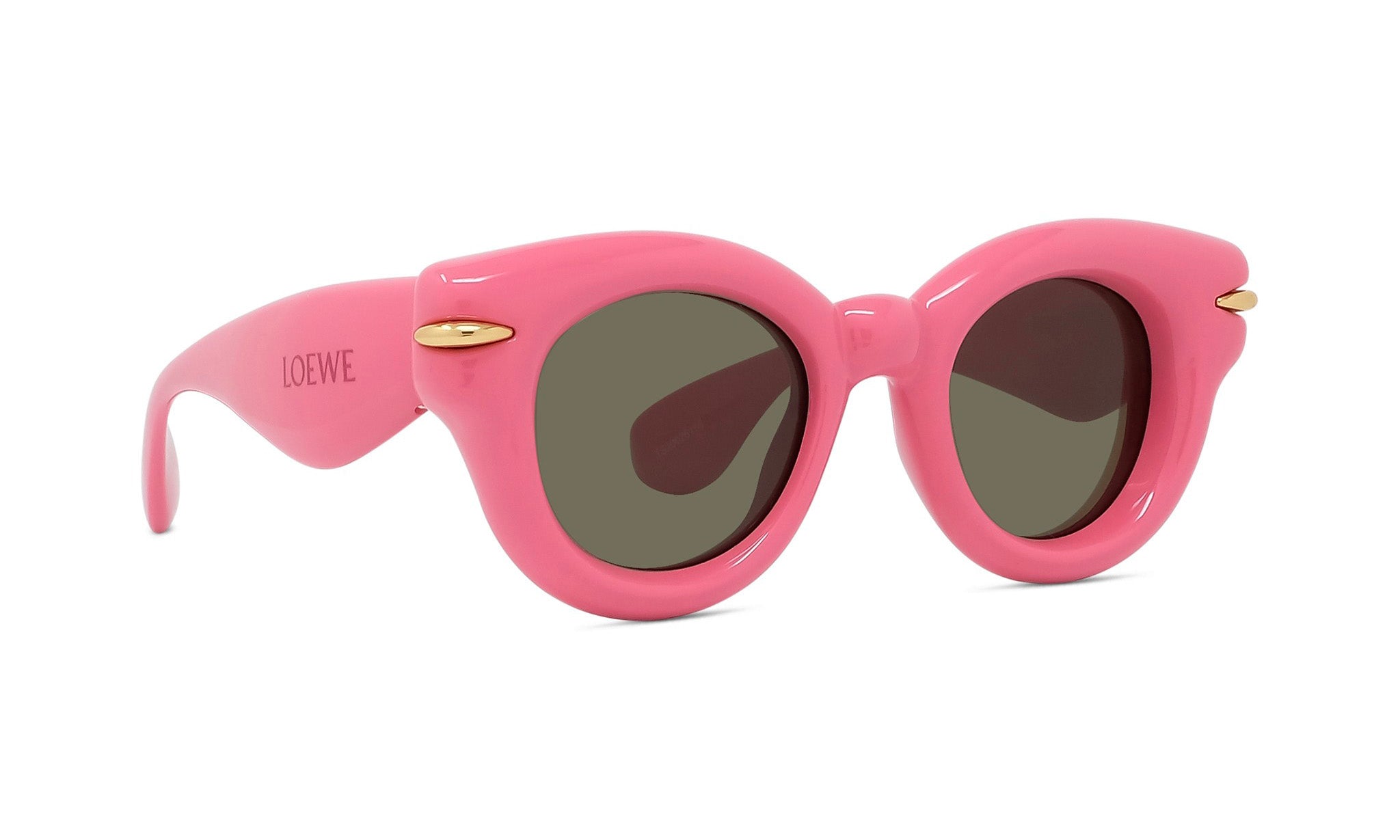 A pair of pink sunglasses with dark lenses.