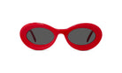 A pair of red oval-shaped sunglasses with dark lenses.