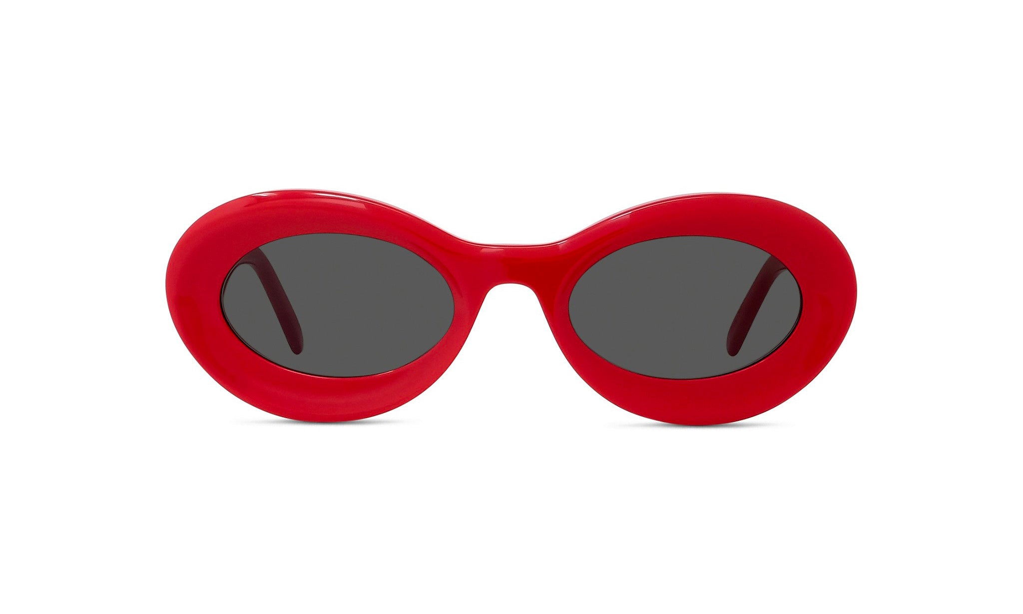 A pair of red oval-shaped sunglasses with dark lenses.