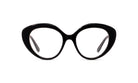 A pair of black cat-eye framed glasses against a white background.