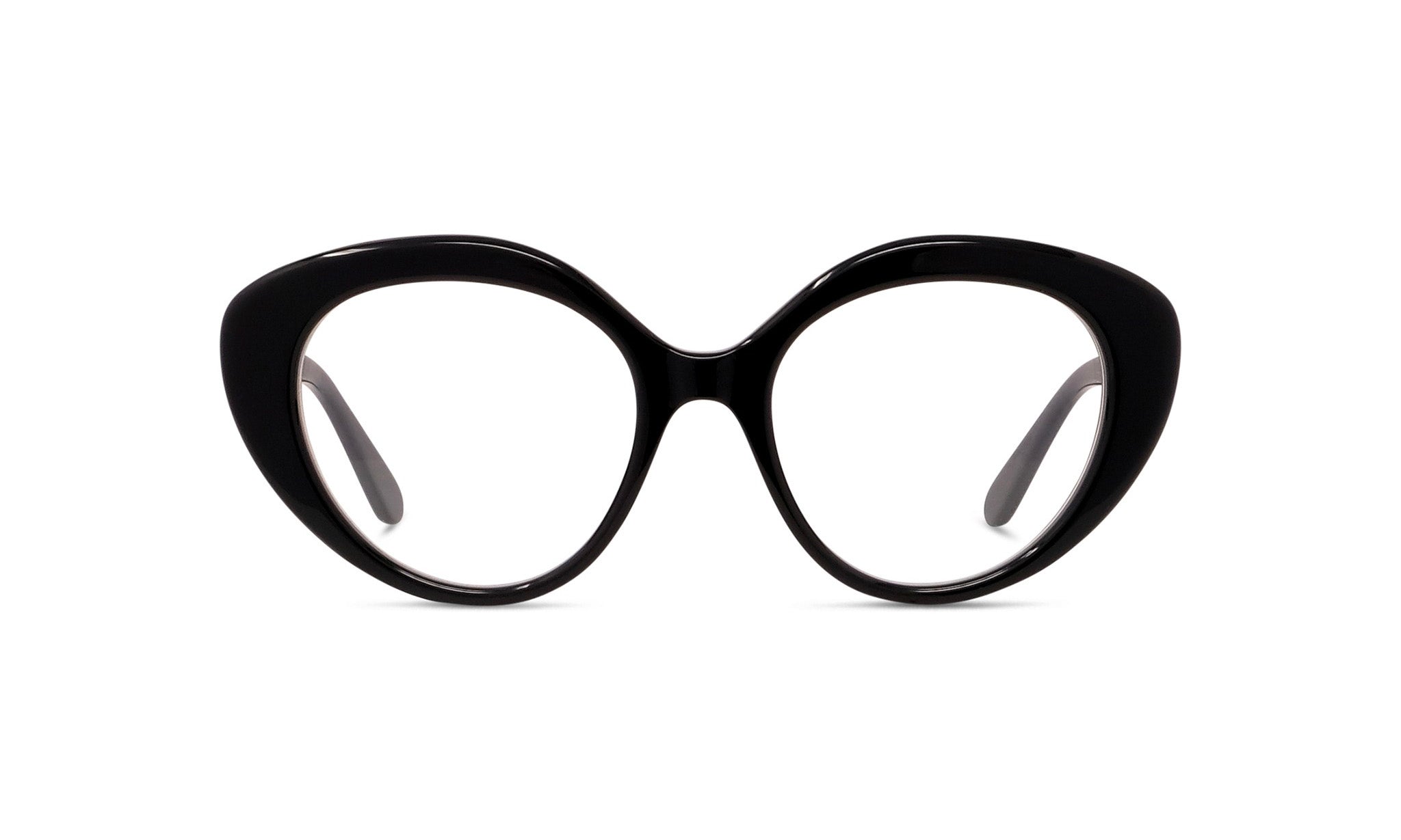 A pair of black cat-eye framed glasses against a white background.