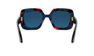 A pair of stylish sunglasses with a blue and red patterned frame.