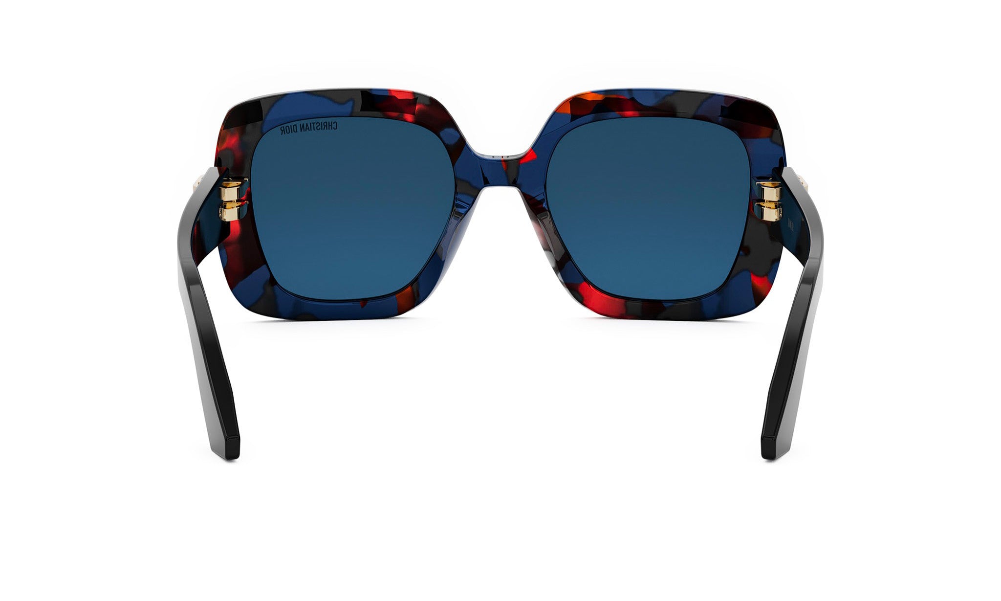 A pair of stylish sunglasses with a blue and red patterned frame.