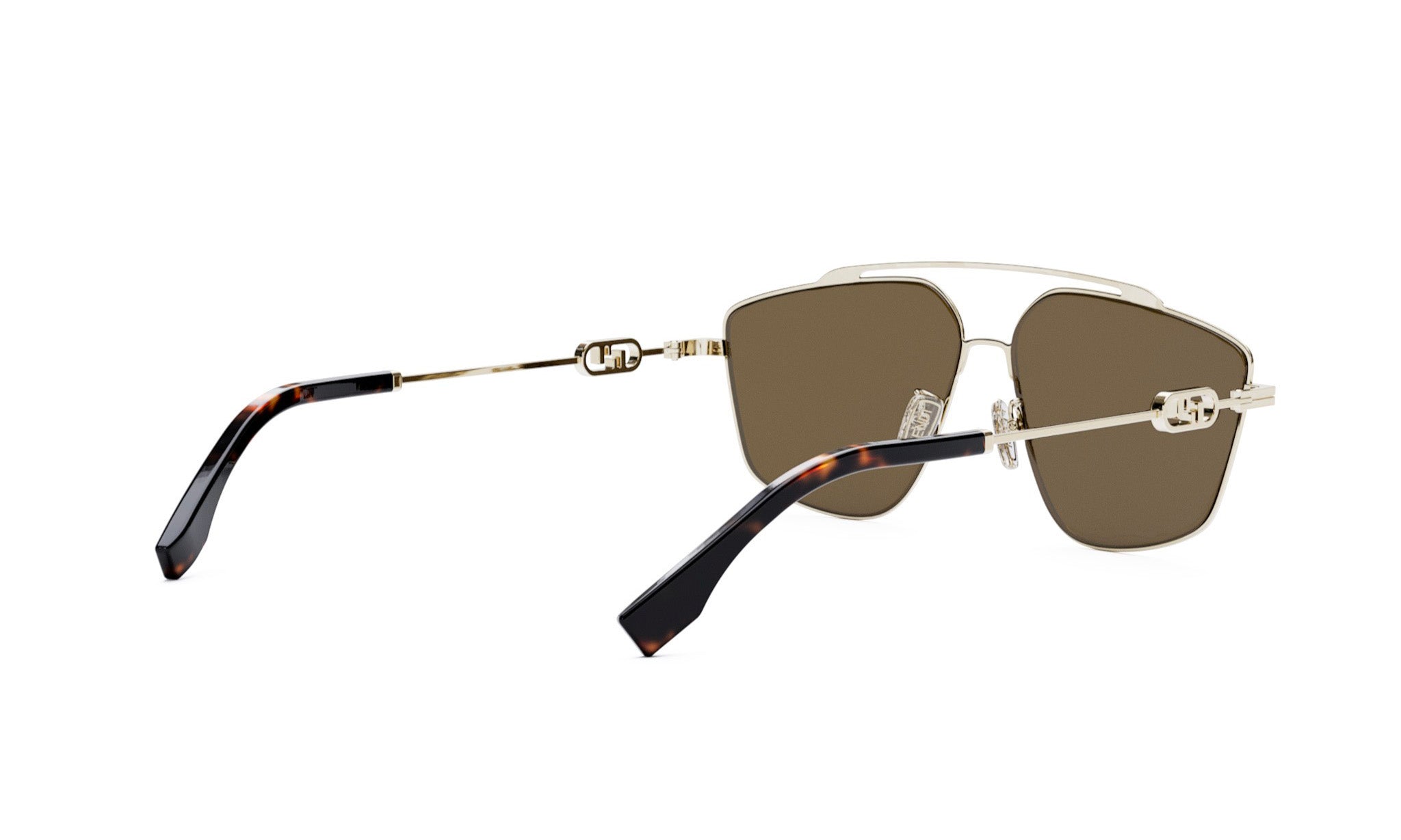 A pair of stylish sunglasses with a gold frame and dark brown temples.