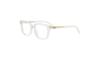A pair of clear, white-framed glasses with gold accents.