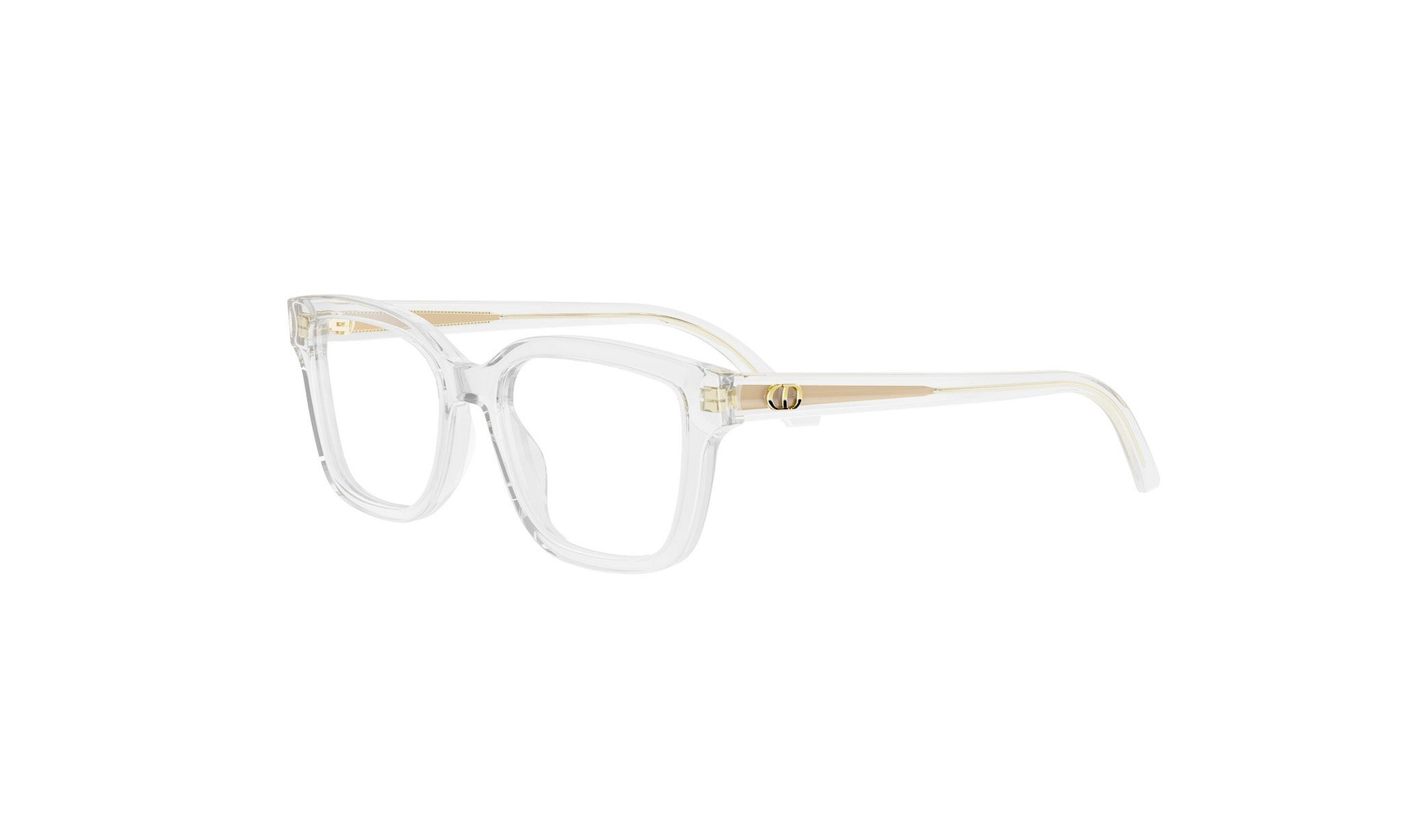 A pair of clear, white-framed glasses with gold accents.