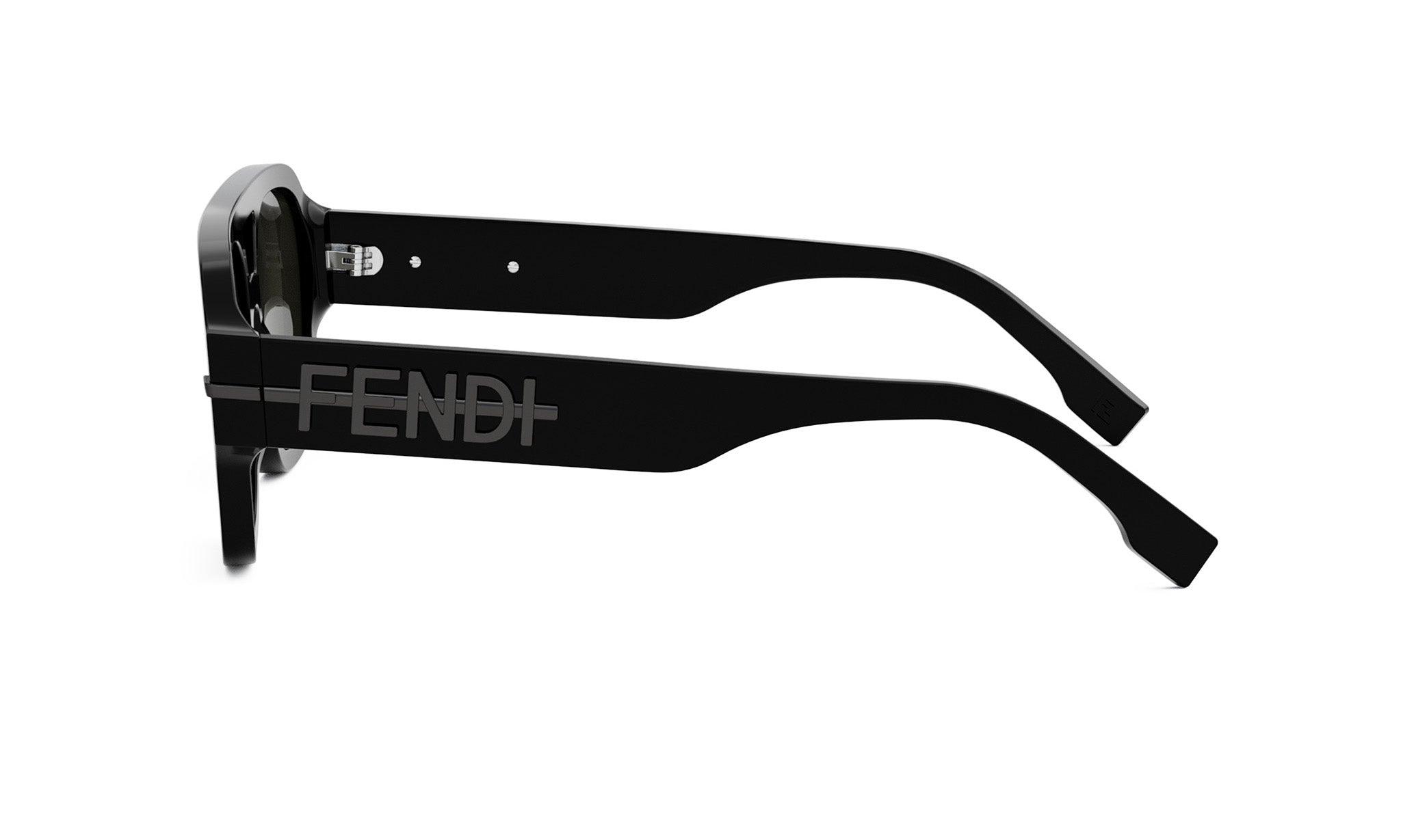 A pair of black sunglasses with the Fendi logo on the frame.