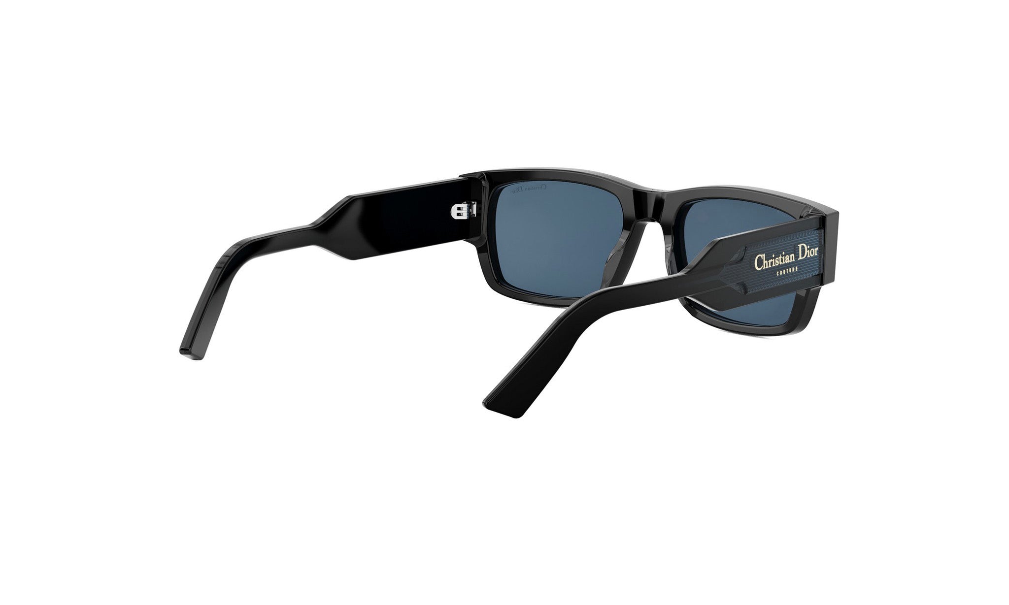 A pair of black sunglasses with the Christian Dior logo visible on the frame.