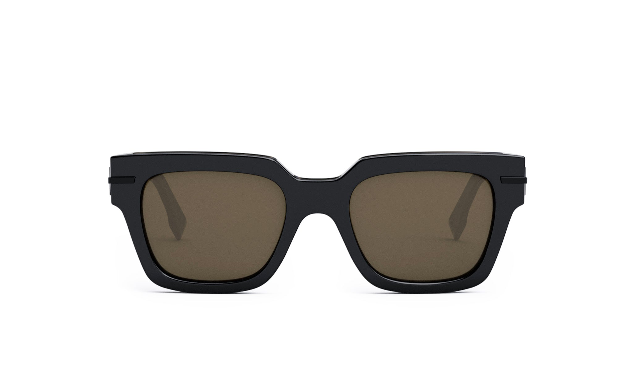 A pair of black sunglasses with brown lenses.