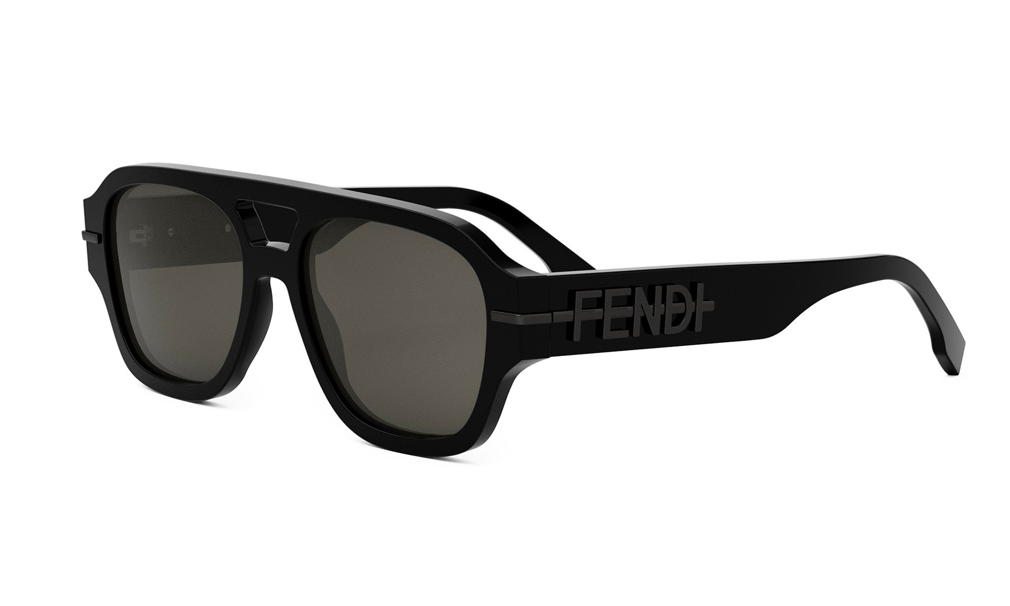 A pair of black sunglasses with the Fendi logo on the frame.