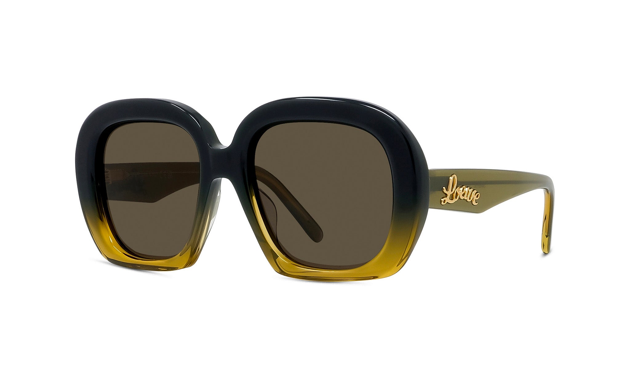 A pair of stylish sunglasses with a gold frame and dark lenses.