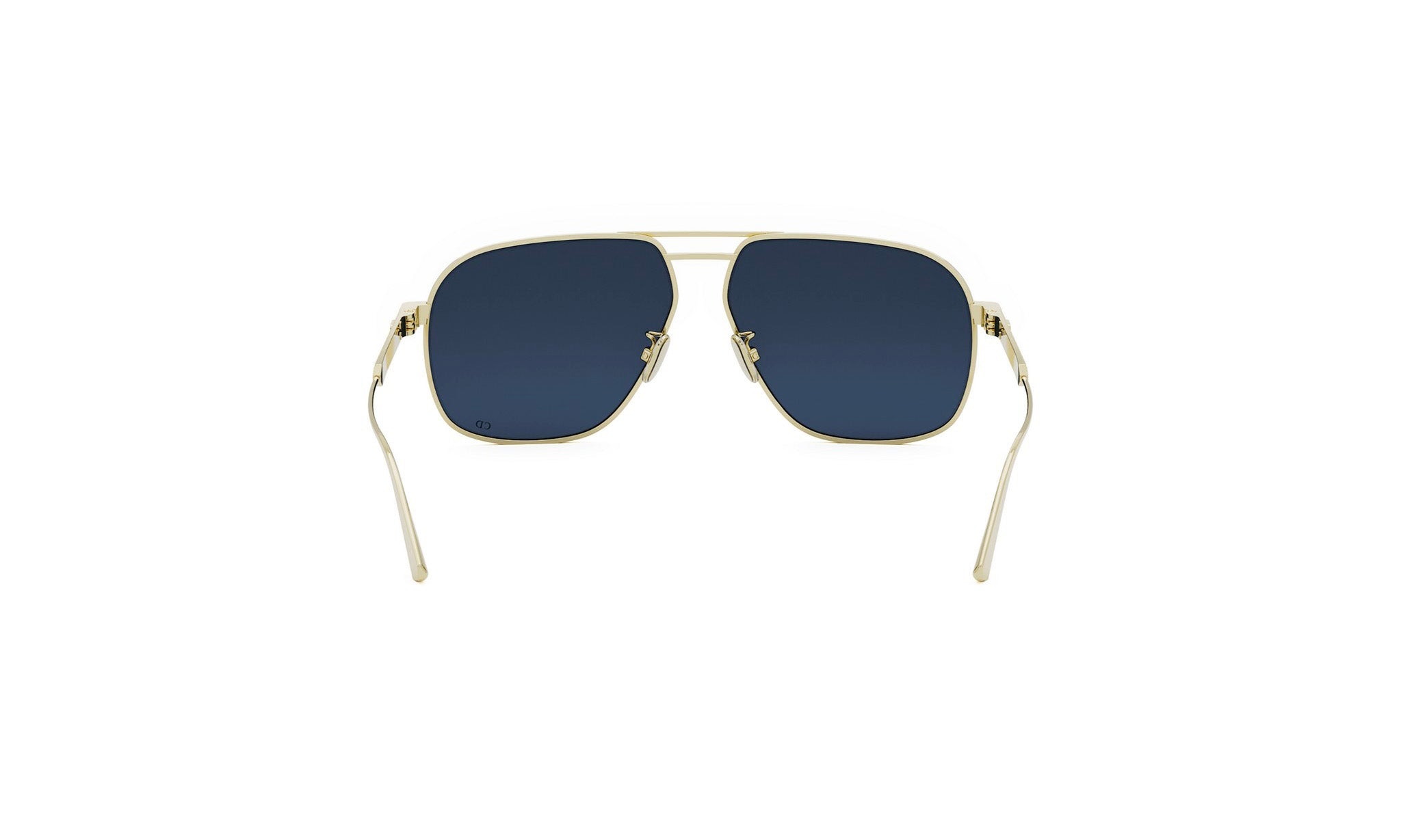 A pair of gold-framed sunglasses with dark blue lenses.