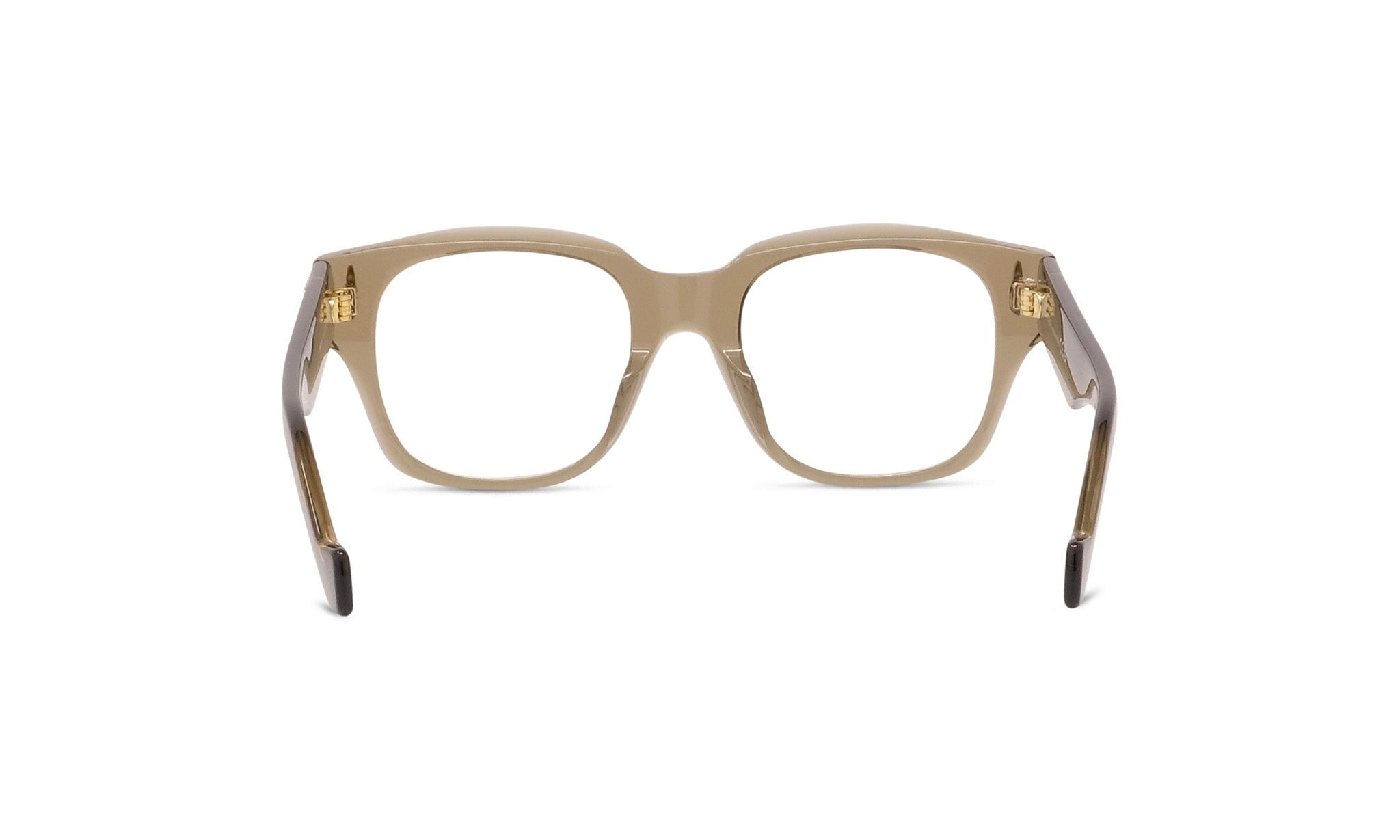 A pair of brown-framed glasses with a clear lens, shown from the back view.