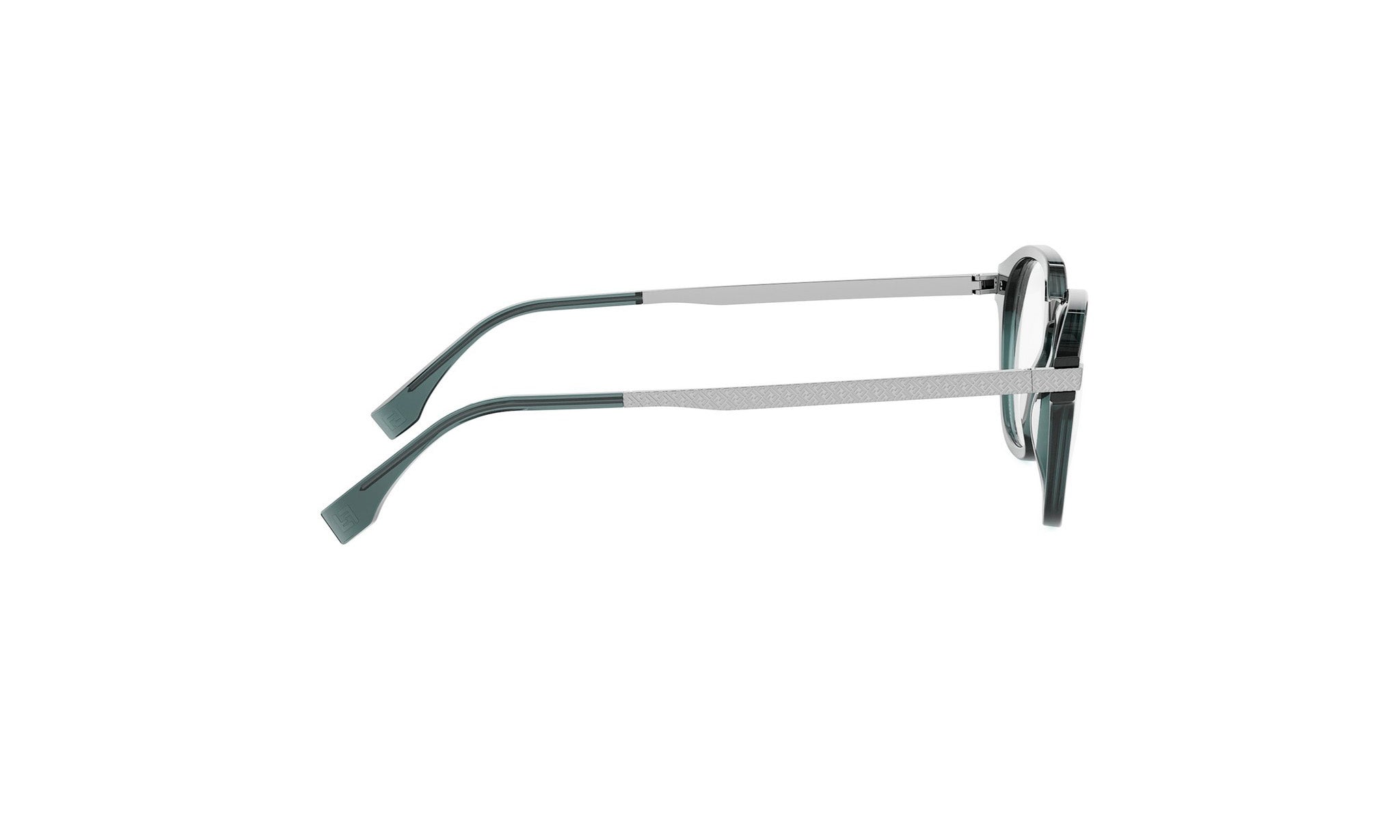A pair of dark-framed glasses with a silver frame, positioned side by side against a white background.