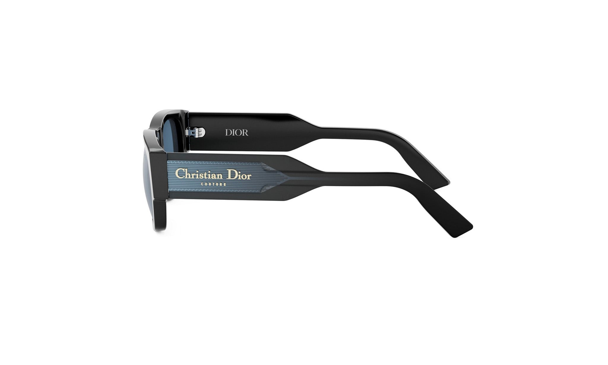 A pair of black sunglasses with the Christian Dior logo visible on the frame.