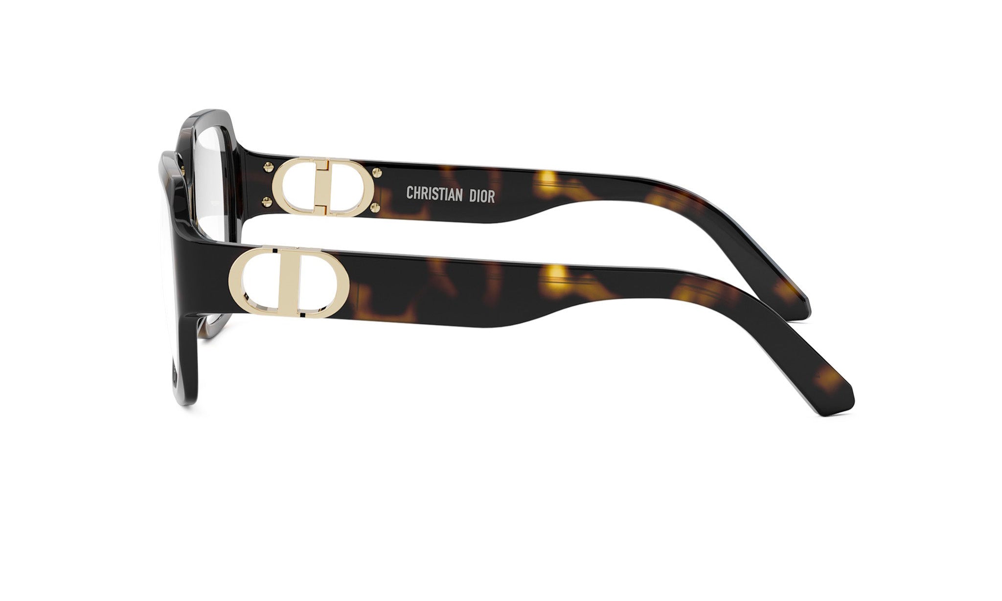 A pair of stylish, tortoiseshell-framed glasses with gold accents, featuring the Christian Dior logo on the temples.