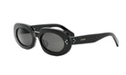 A pair of black sunglasses with round frames and a Celine logo on the temples.