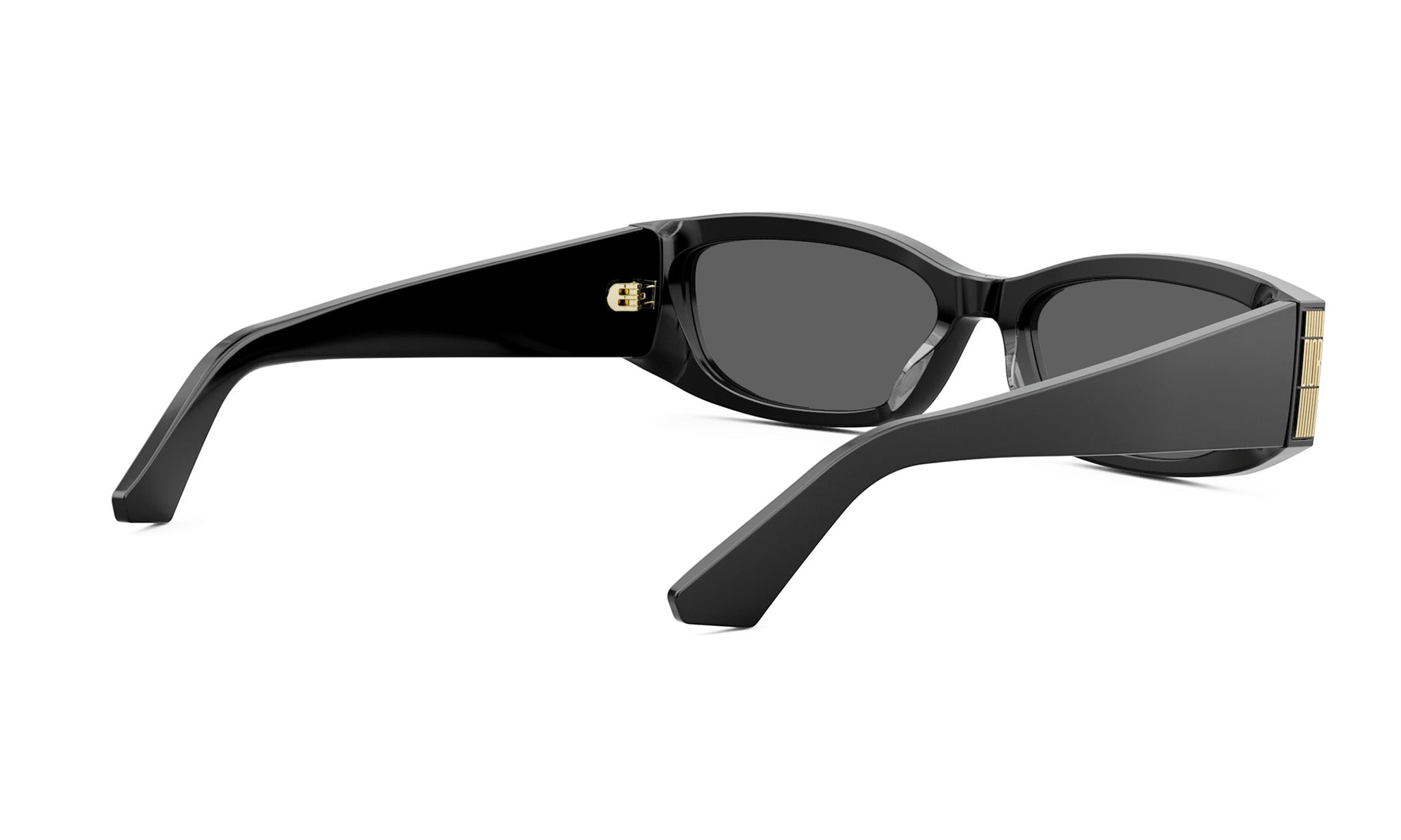 A pair of black sunglasses with gold accents.