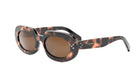 A pair of stylish sunglasses with a tortoiseshell frame and dark lenses.